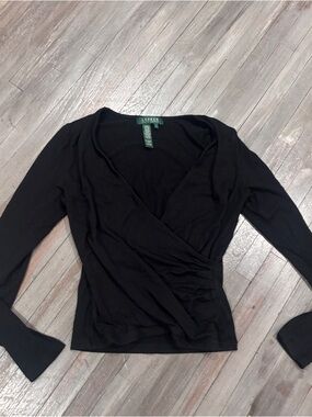 Ralph Lauren Black Wrap V-Neck Long Sleeve Top